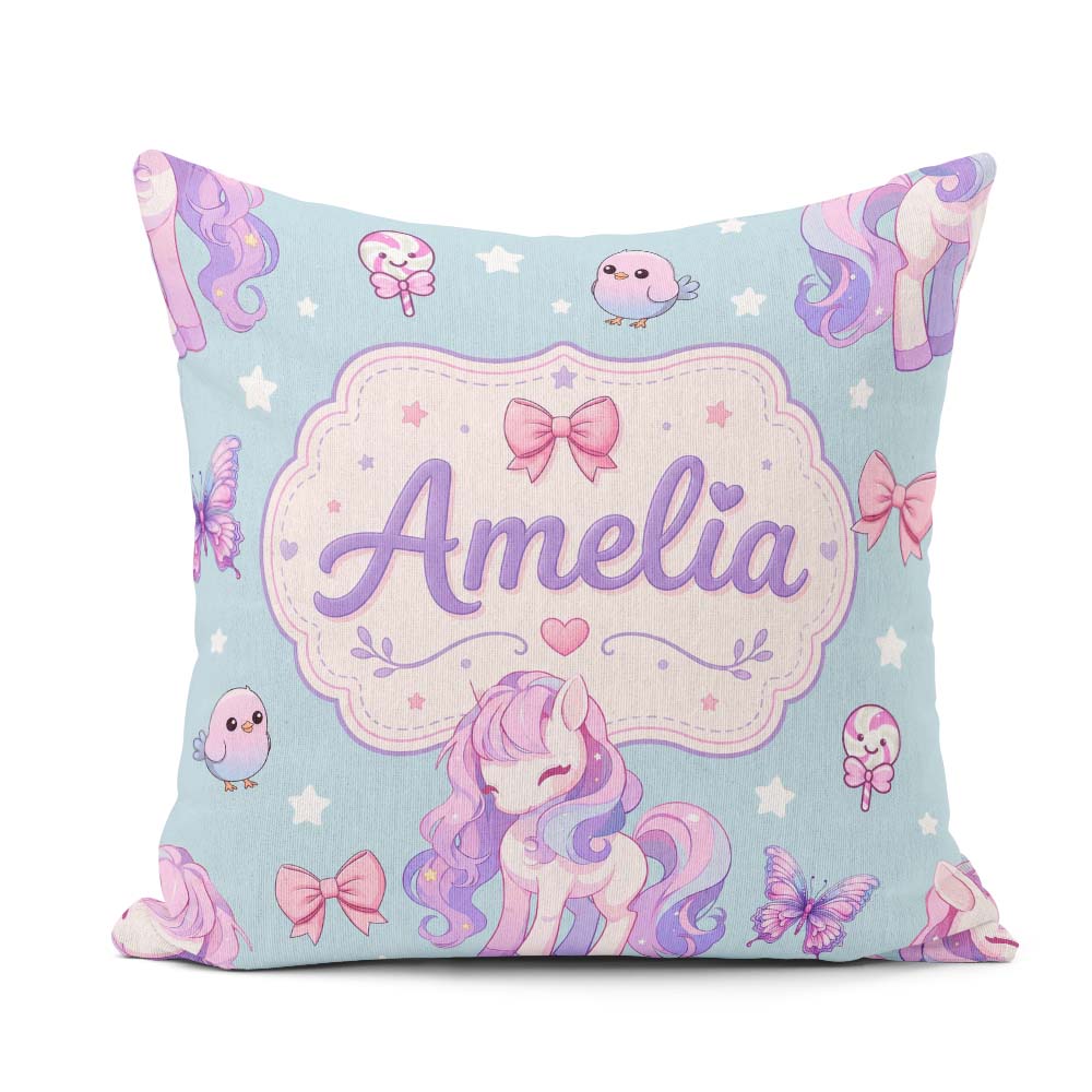 Custom Name Unicorn Stars Birds Bows Candy Blue Seamless Pattern Square Filled Cushion Throw Pillow Sofa Bed Home Decor Zip Washable UK Made