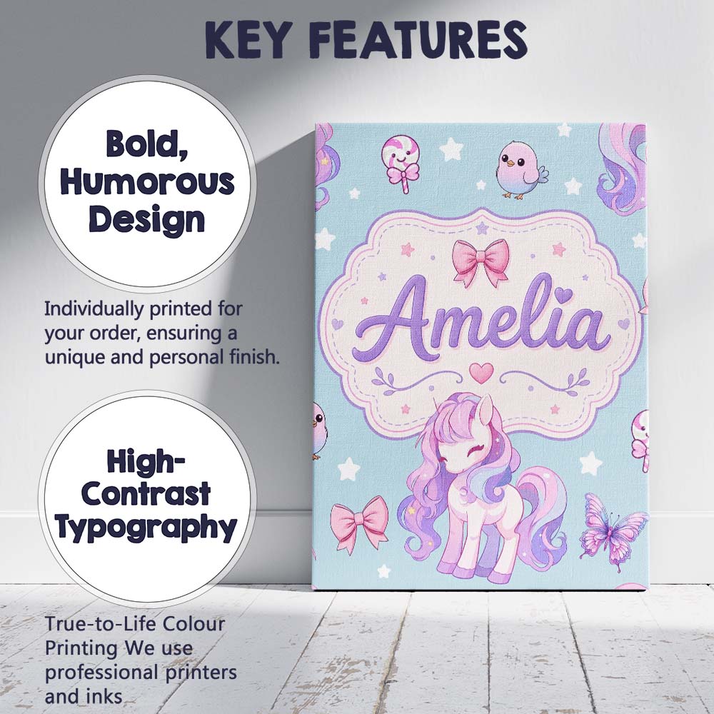 Personalised Name Cute Unicorn Pastel Stars Custom Bespoke Interior Contemporary Canvas Wall Art Print Decor Picture Ready to Hang