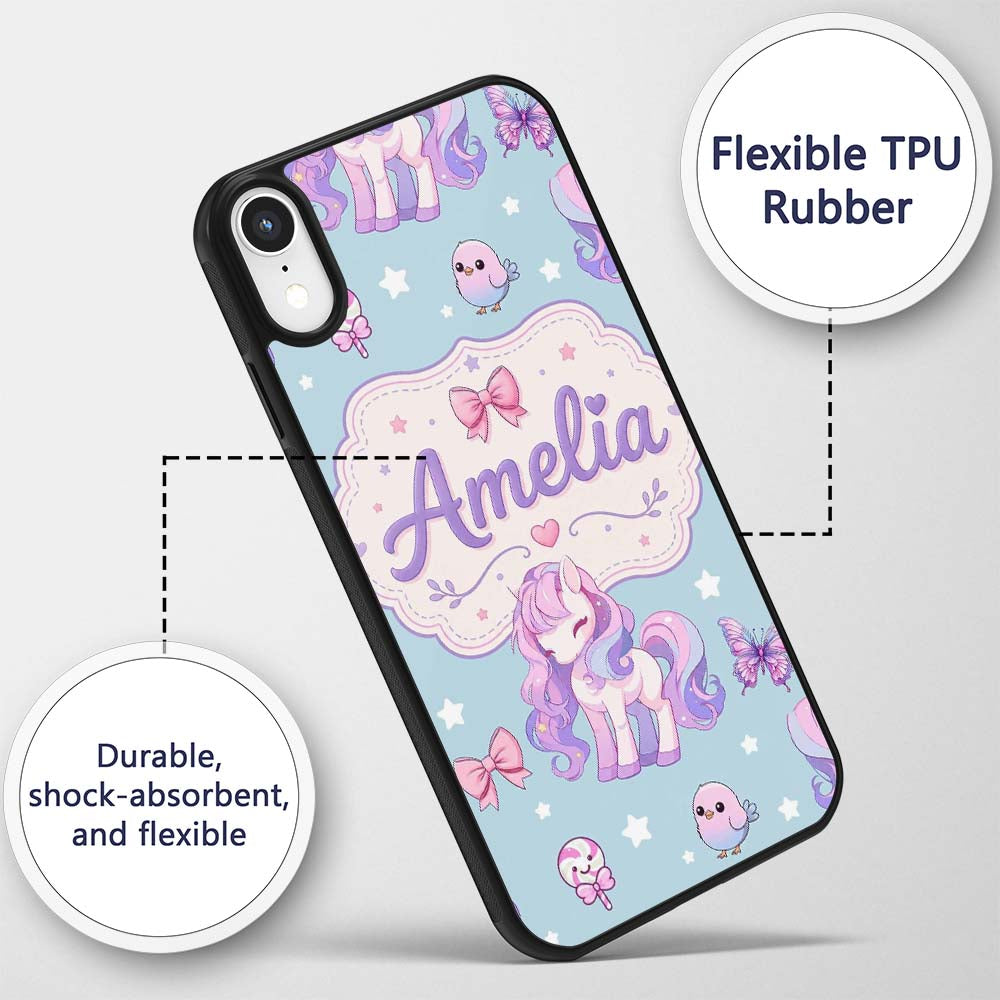 Cute Unicorn Pastel Stars Birds Bows Candy Blue Custom Name Protective Phone Case Mobile Cover Durable Everyday Smartphone Shock Resistant