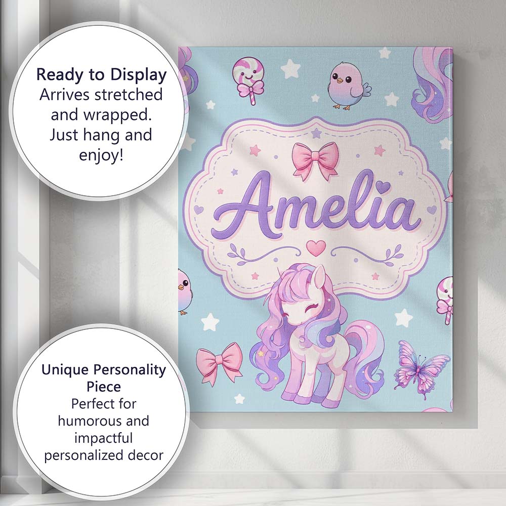 Personalised Name Cute Unicorn Pastel Stars Custom Bespoke Interior Contemporary Canvas Wall Art Print Decor Picture Ready to Hang