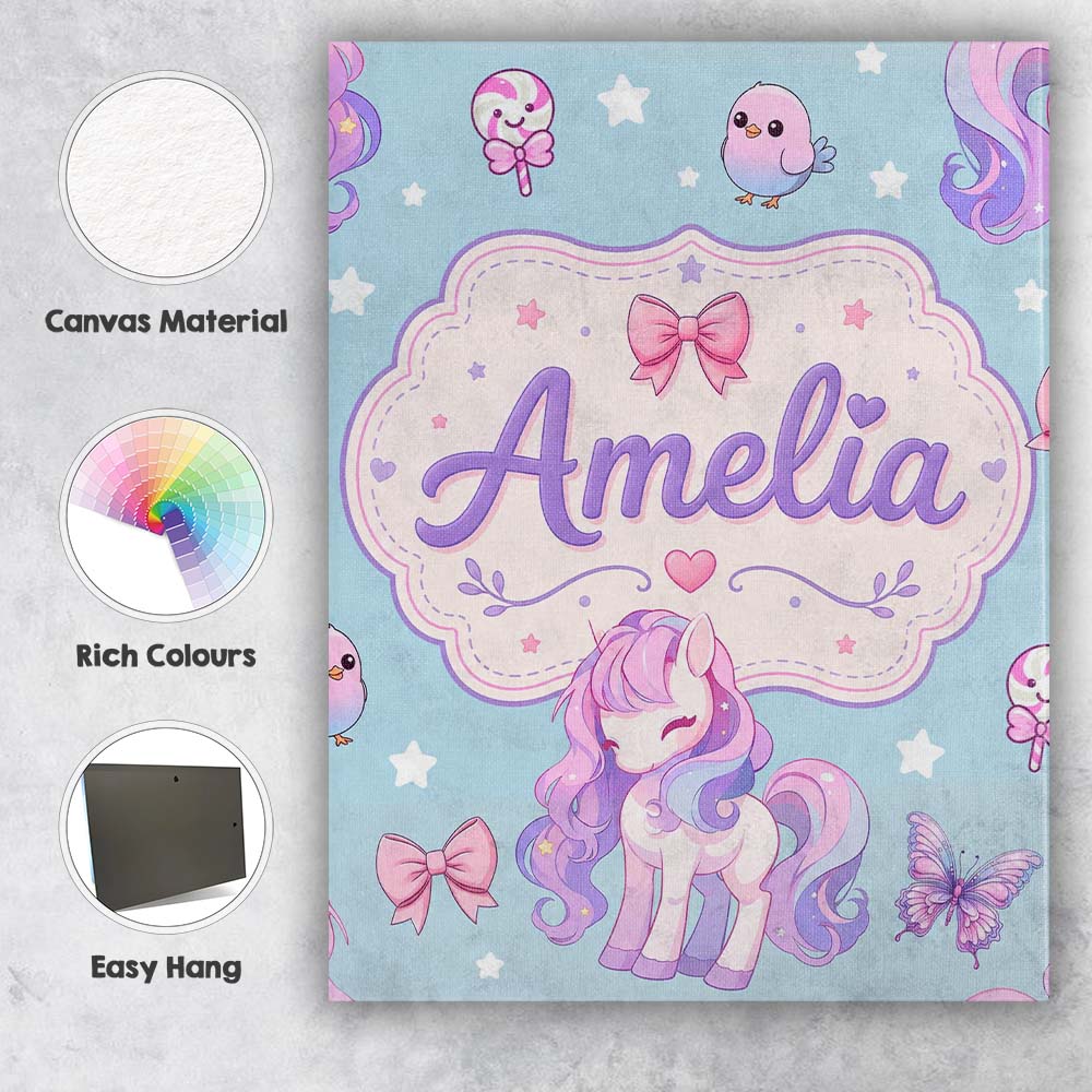 Personalised Name Cute Unicorn Pastel Stars Custom Bespoke Interior Contemporary Canvas Wall Art Print Decor Picture Ready to Hang