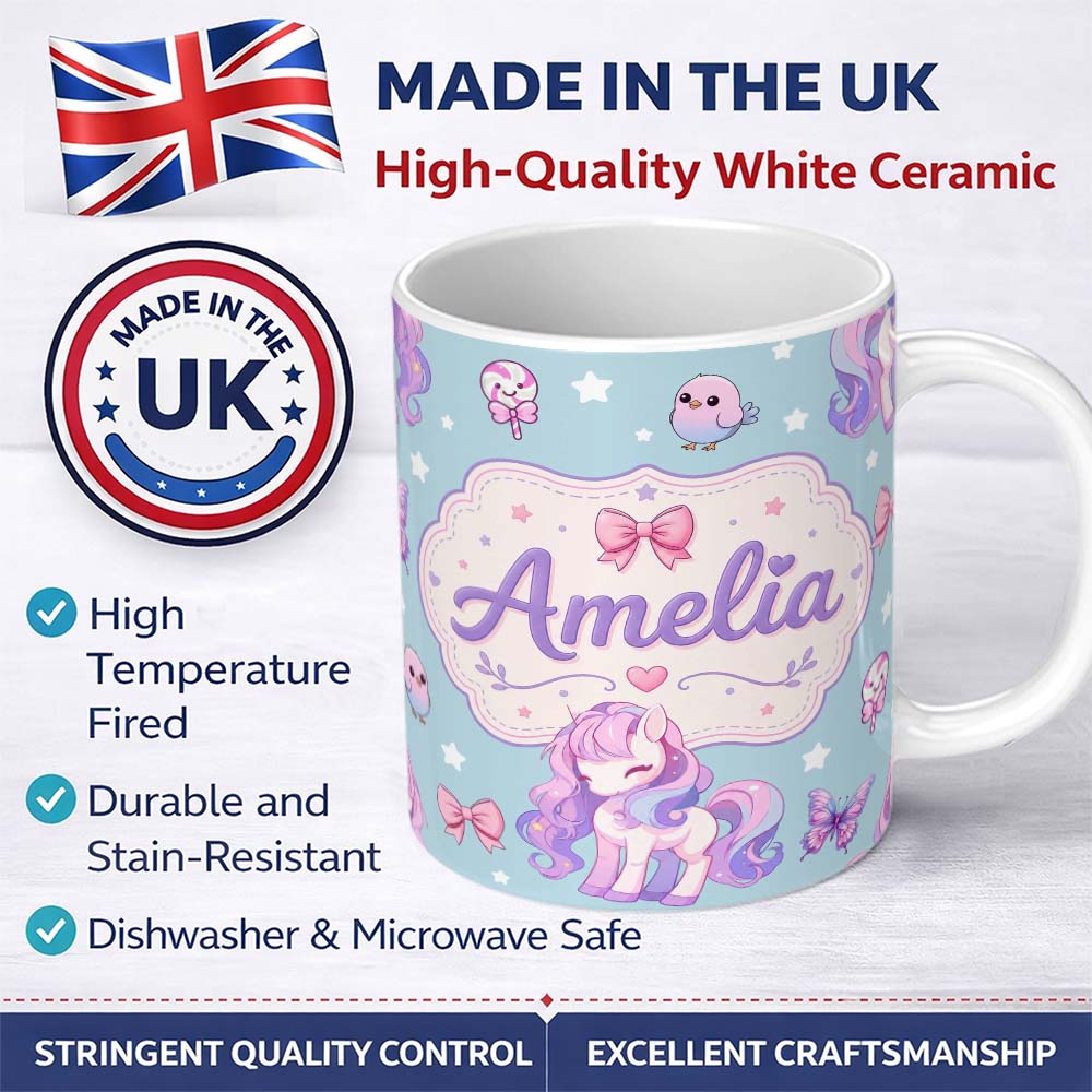 Personalized Custom Name Cute Unicorn Pastel Stars Birds Bows Candy Blue Seamless Pattern 11oz Ceramic Coffee Tea Mug White Large Handle