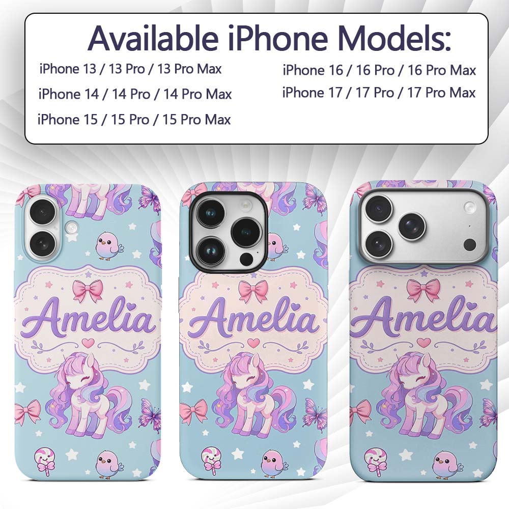Cute Unicorn Pastel Stars Birds Bows Candy Blue Custom Name Protective Phone Case Mobile Cover Durable Everyday Smartphone Shock Resistant