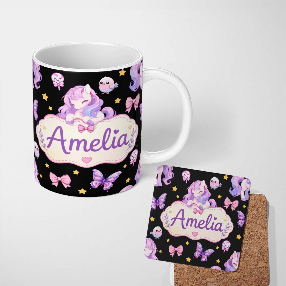 Personalized Custom Name Cute Unicorn Pastel Stars Birds Bows Candy Black Seamless Pattern 11oz Ceramic Coffee Tea Mug White Large Handle