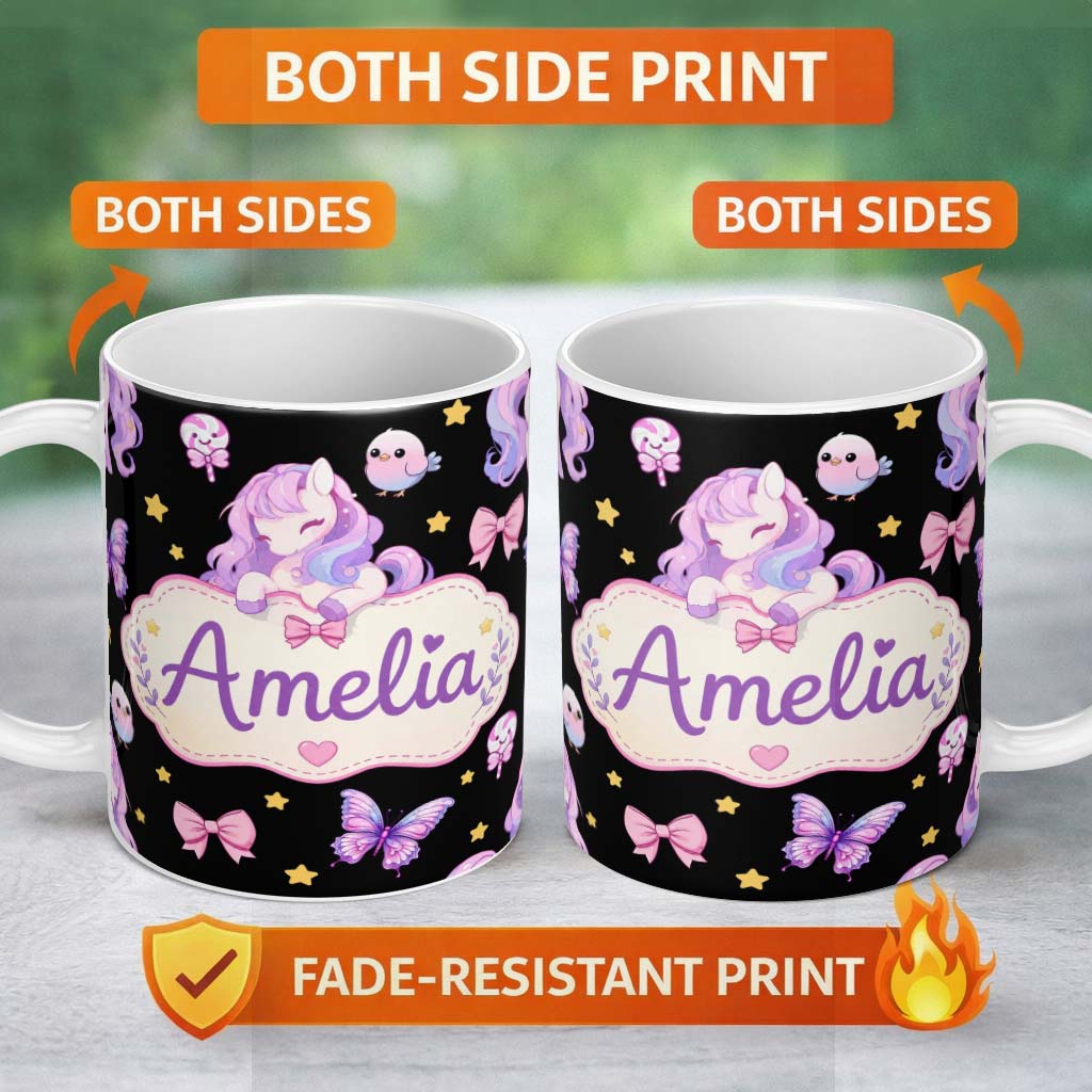 Personalized Custom Name Cute Unicorn Pastel Stars Birds Bows Candy Black Seamless Pattern 11oz Ceramic Coffee Tea Mug White Large Handle