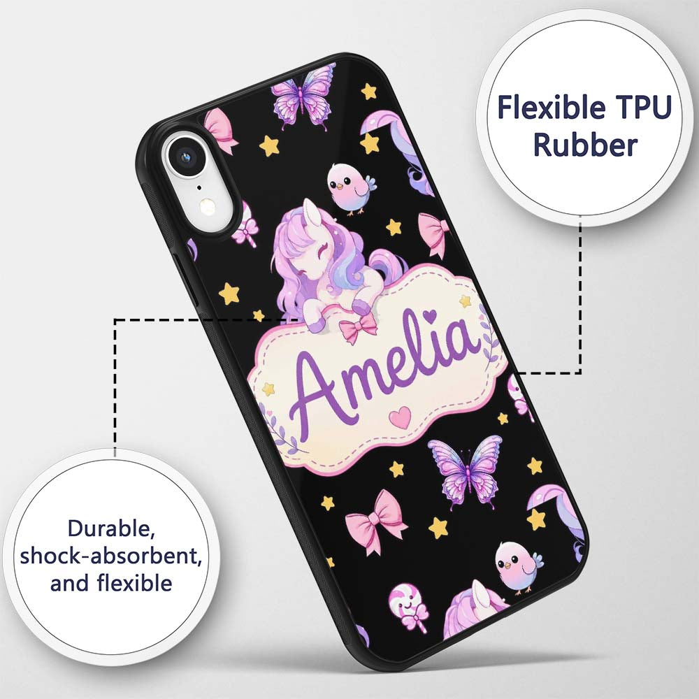 Cute Unicorn Pastel Stars Birds Bows Candy Black Custom Name Protective Phone Case Mobile Cover Durable Everyday Smartphone Shock Resistant