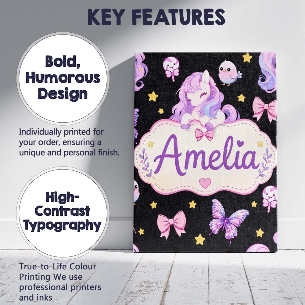 Personalised Name Cute Unicorn Pastel Stars Custom Bespoke Interior Contemporary Canvas Wall Art Print Decor Picture Ready to Hang