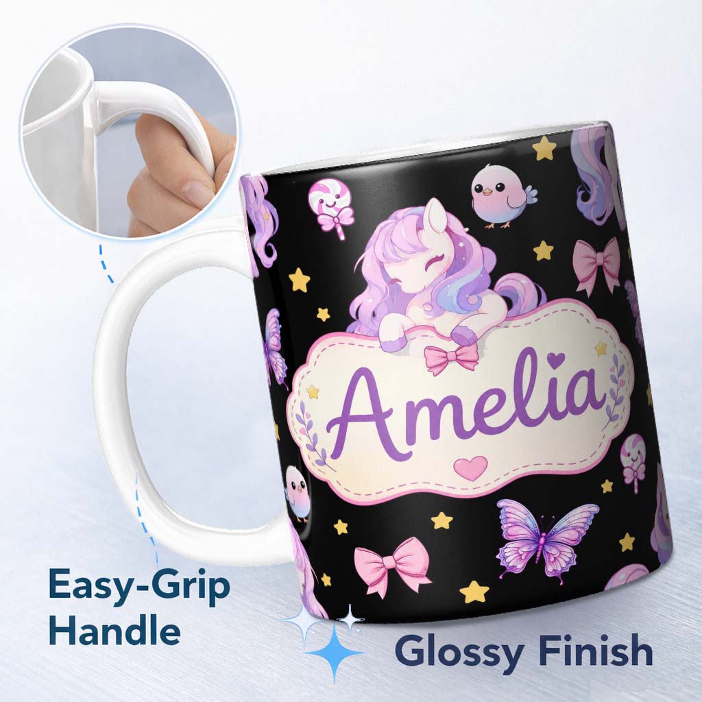 Personalized Custom Name Cute Unicorn Pastel Stars Birds Bows Candy Black Seamless Pattern 11oz Ceramic Coffee Tea Mug White Large Handle