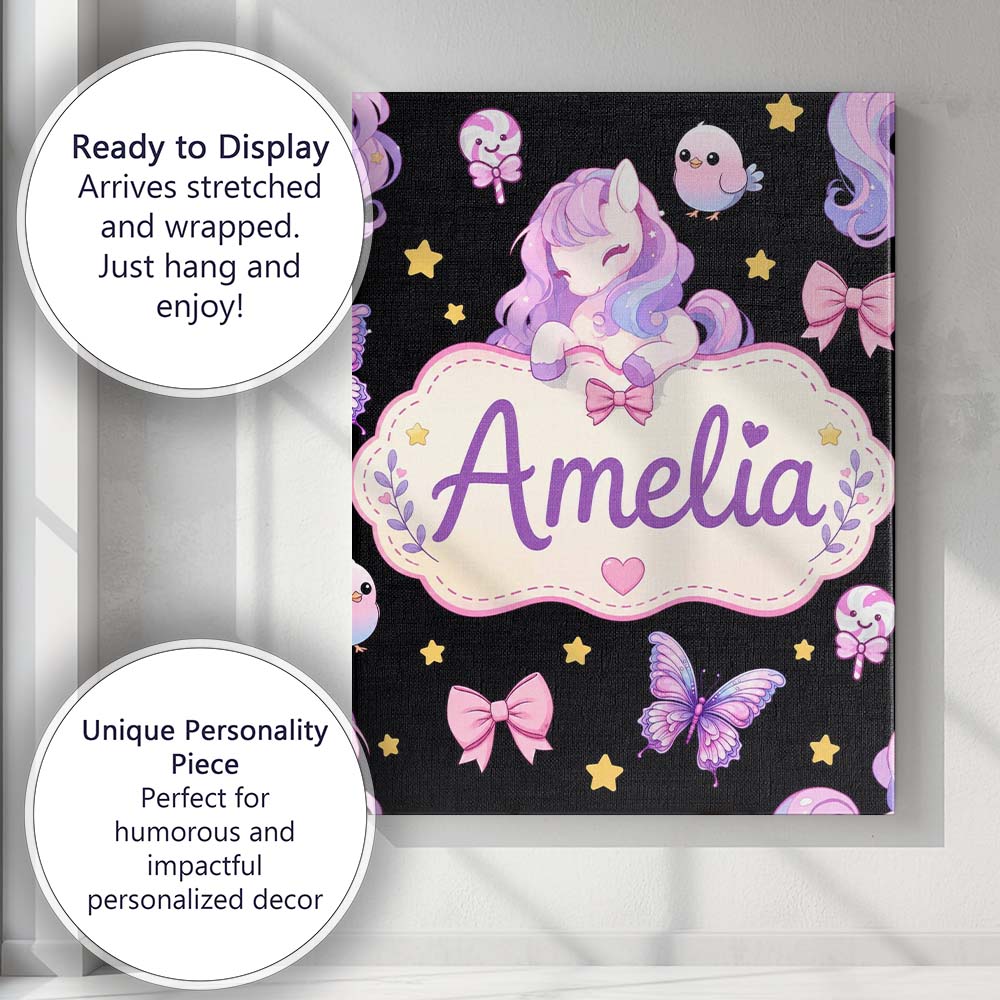 Personalised Name Cute Unicorn Pastel Stars Custom Bespoke Interior Contemporary Canvas Wall Art Print Decor Picture Ready to Hang