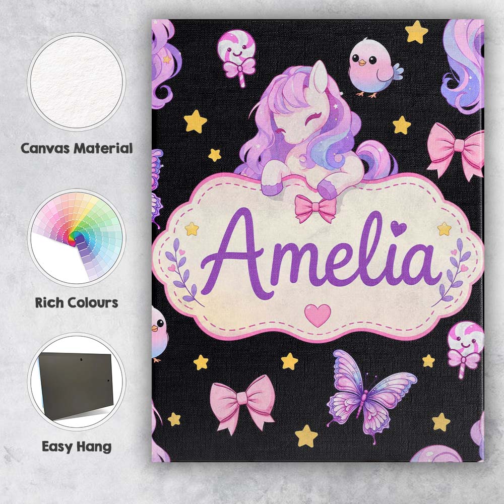 Personalised Name Cute Unicorn Pastel Stars Custom Bespoke Interior Contemporary Canvas Wall Art Print Decor Picture Ready to Hang