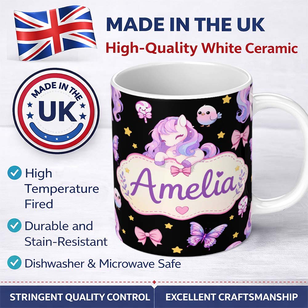 Personalized Custom Name Cute Unicorn Pastel Stars Birds Bows Candy Black Seamless Pattern 11oz Ceramic Coffee Tea Mug White Large Handle