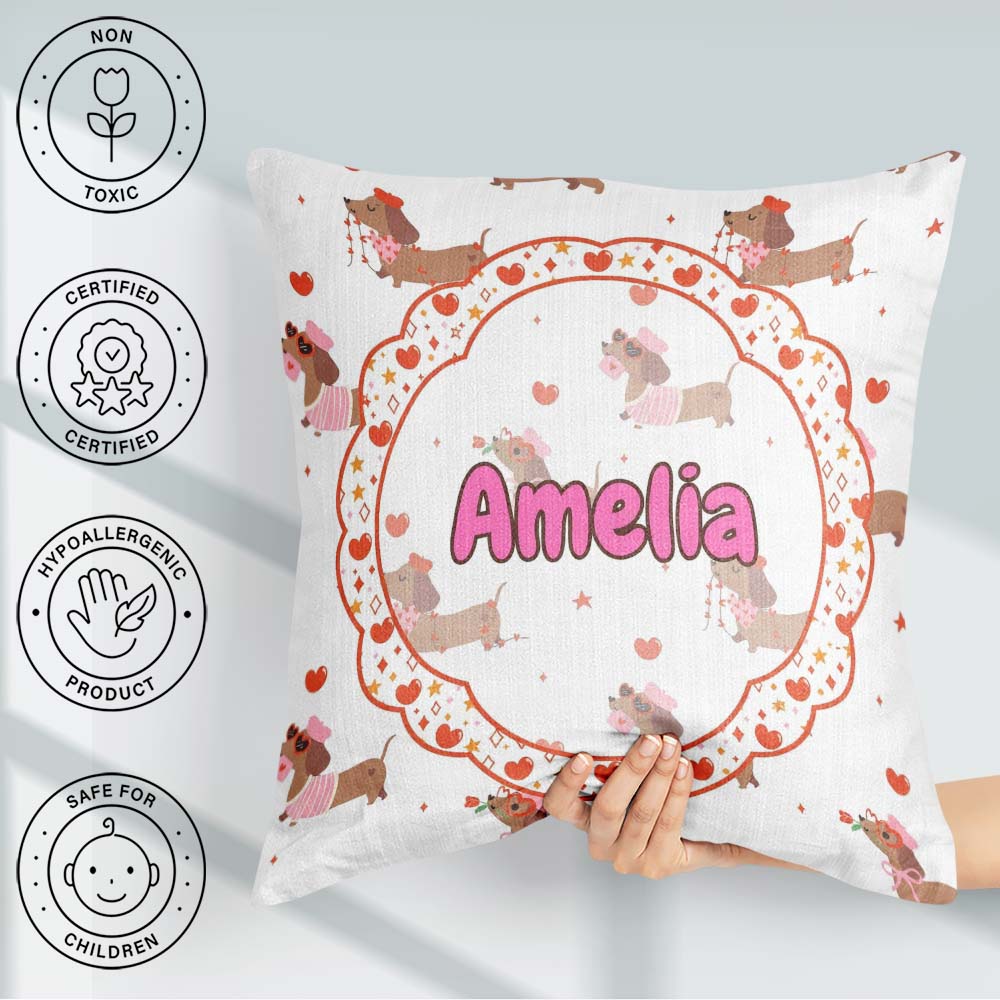 Custom Name Cute Dachshund Valentine Hearts Seamless Pattern Square Filled Cushion Throw Pillow Sofa Bed Home Decor Zip Washable UK Made