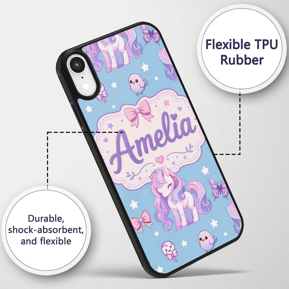 Cute Unicorn Pastel Stars Birds Bows Candy Sky Custom Name Protective Phone Case Mobile Cover Durable Everyday Smartphone Shock Resistant