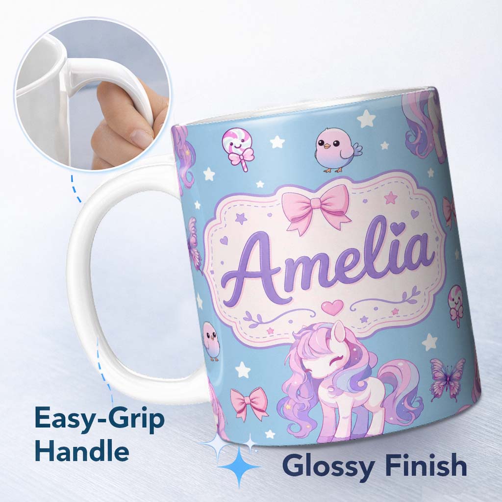Personalized Custom Name Cute Unicorn Pastel Stars Birds Bows Candy Sky Seamless Pattern Name 11oz Ceramic Coffee Tea Mug White Large Handle
