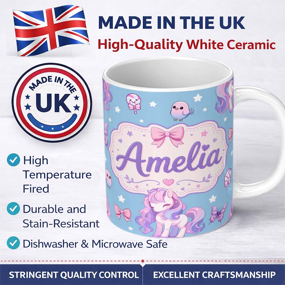 Personalized Custom Name Cute Unicorn Pastel Stars Birds Bows Candy Sky Seamless Pattern Name 11oz Ceramic Coffee Tea Mug White Large Handle