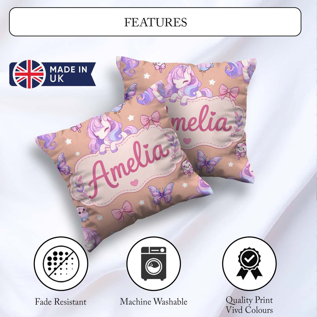 Custom Name Unicorn Pastel Stars Birds Bows Candy Peach Seamless Square Filled Cushion Throw Pillow Sofa Bed Home Decor Zip Washable UK Made