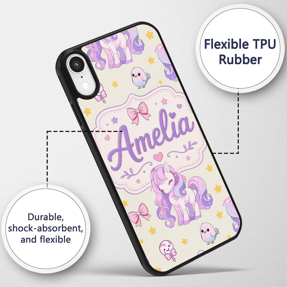 Cute Unicorn Pastel Stars Birds Bows Candy Cream Custom Name Protective Phone Case Mobile Cover Durable Everyday Smartphone Shock Resistant