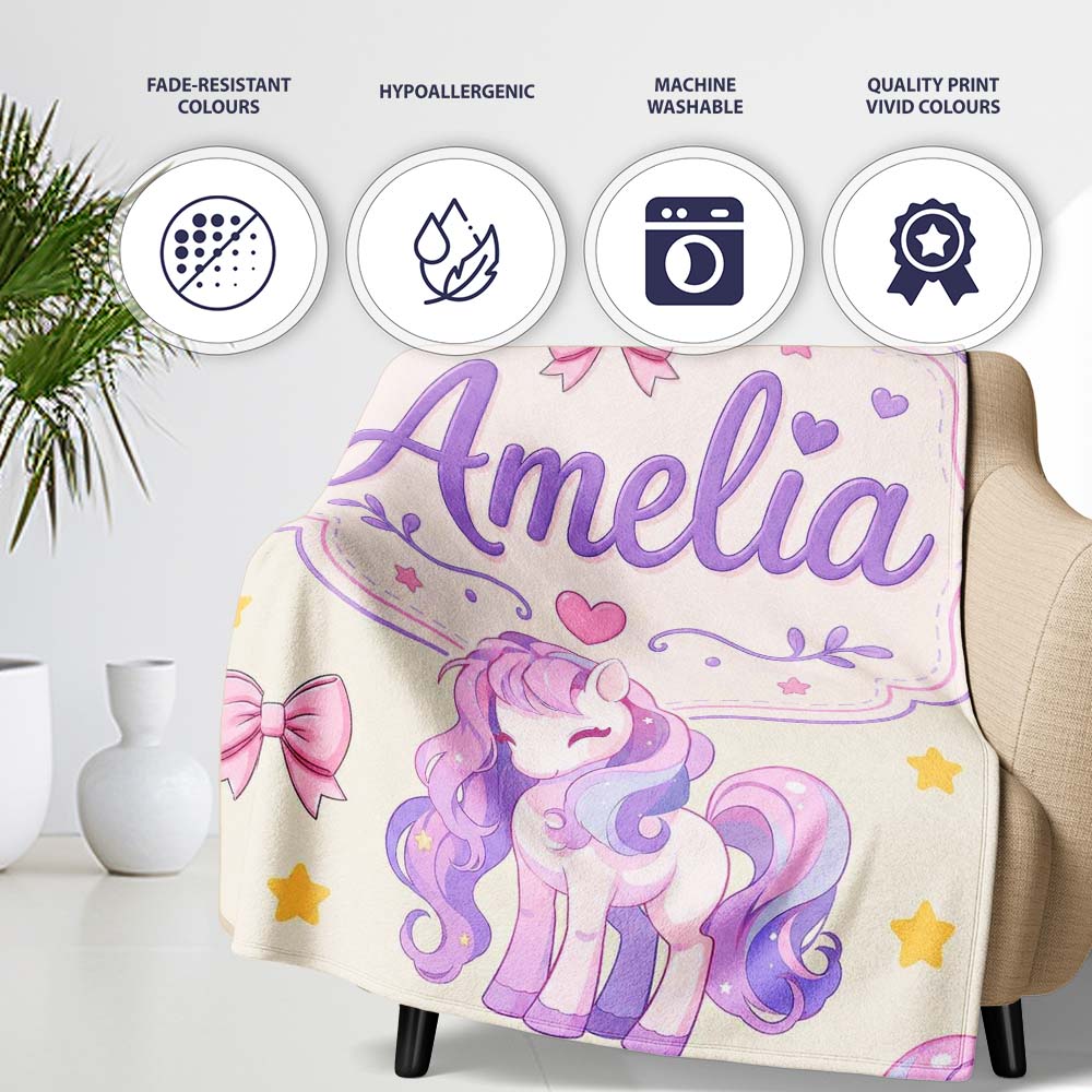 Cute Unicorn Pastel Stars Birds Bows Candy Cream Seamless Pattern Personalised Custom Name Super Soft Fleece Blanket Bed Sofa Throw