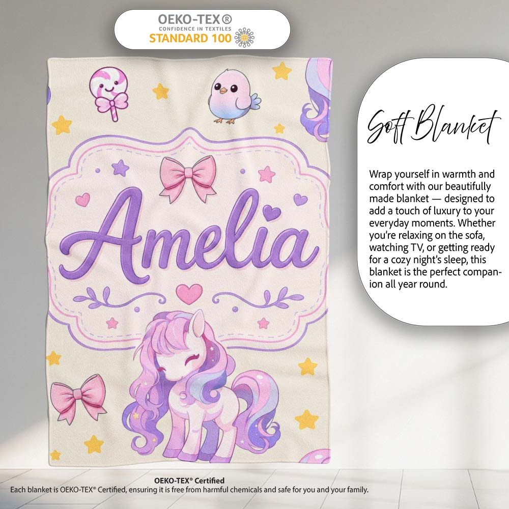 Cute Unicorn Pastel Stars Birds Bows Candy Cream Seamless Pattern Personalised Custom Name Super Soft Fleece Blanket Bed Sofa Throw