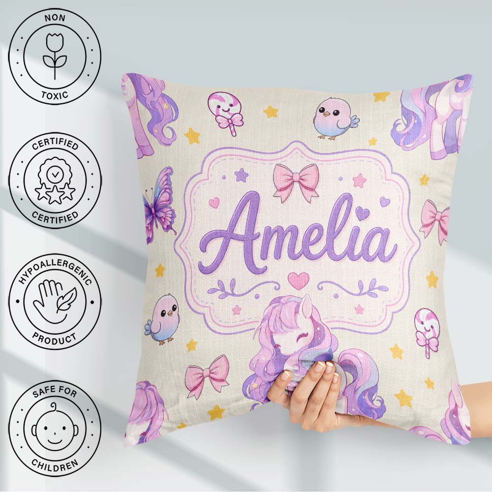 Custom Name Unicorn Pastel Stars Birds Bows Candy Cream Seamless Square Filled Cushion Throw Pillow Sofa Bed Home Decor Zip Washable UK Made