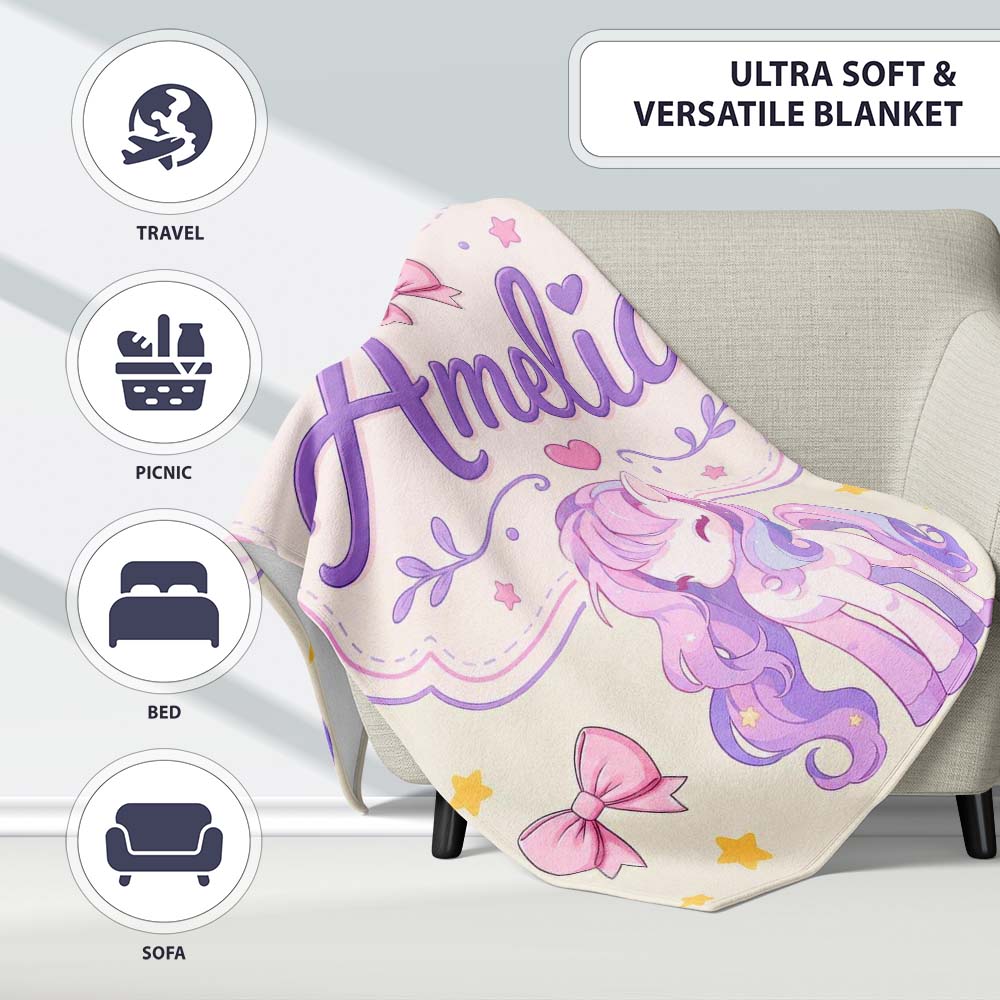 Cute Unicorn Pastel Stars Birds Bows Candy Cream Seamless Pattern Personalised Custom Name Super Soft Fleece Blanket Bed Sofa Throw