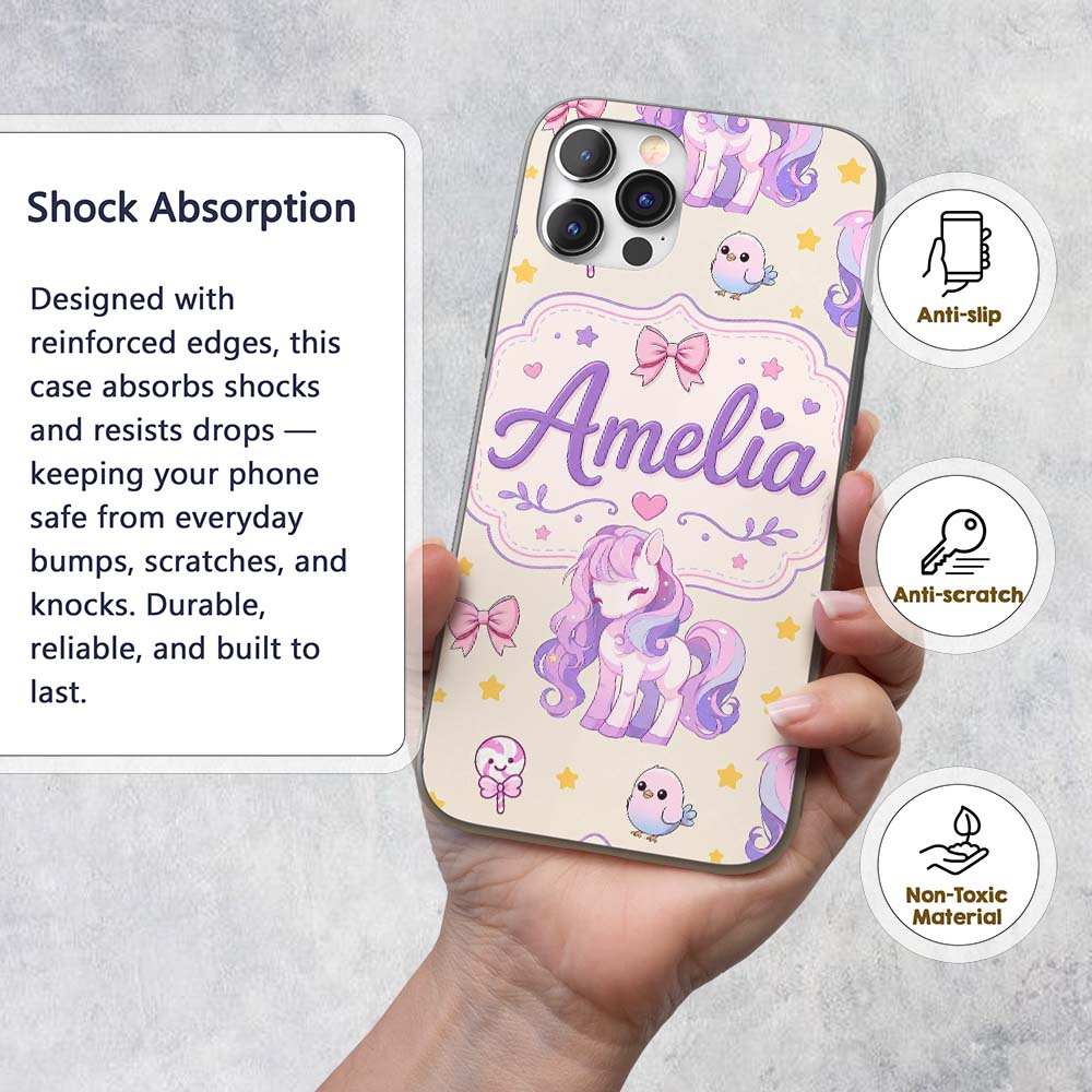 Cute Unicorn Pastel Stars Birds Bows Candy Cream Custom Name Protective Phone Case Mobile Cover Durable Everyday Smartphone Shock Resistant