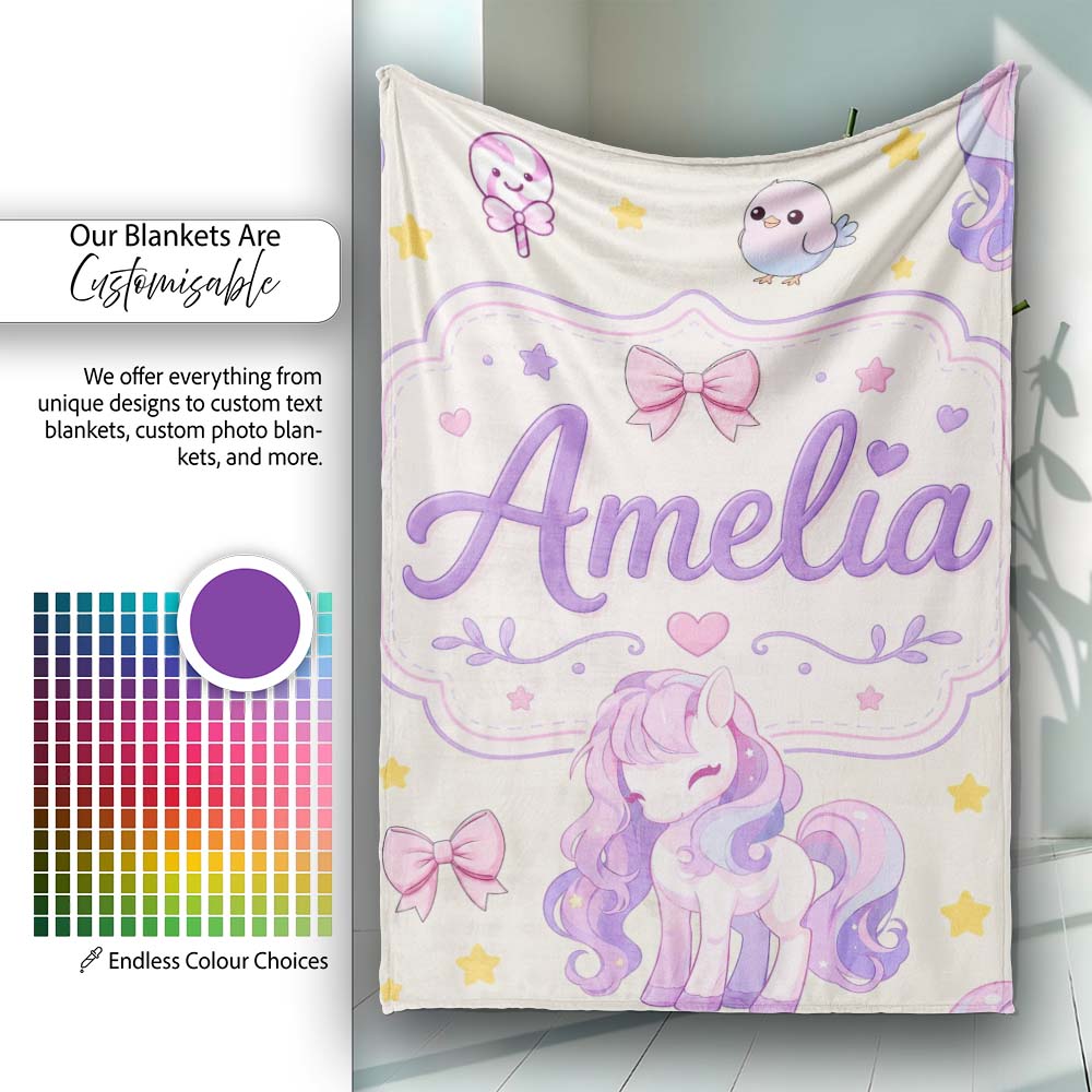 Cute Unicorn Pastel Stars Birds Bows Candy Cream Seamless Pattern Personalised Custom Name Super Soft Fleece Blanket Bed Sofa Throw