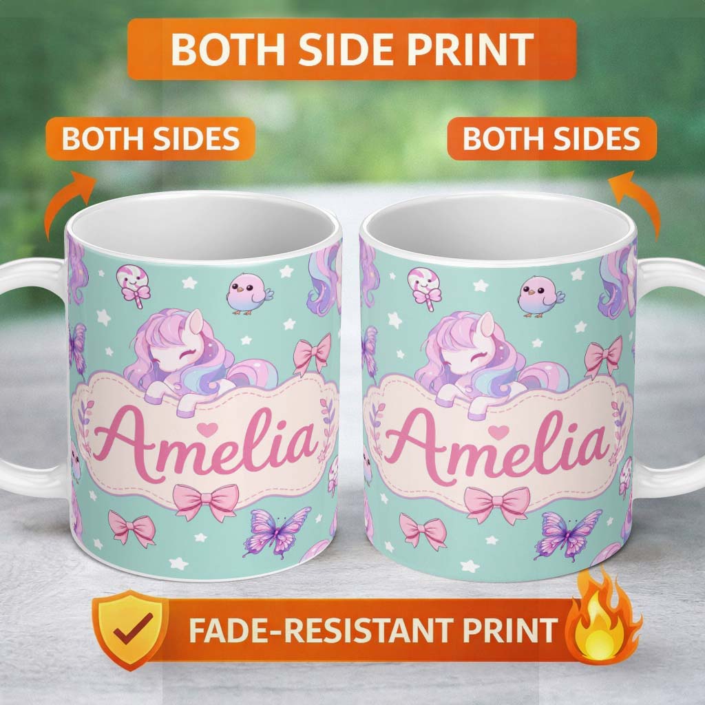 Personalized Custom Name Cute Unicorn Pastel Stars Birds Bows Candy Mint Seamless Pattern 11oz Ceramic Coffee Tea Mug White Large Handle