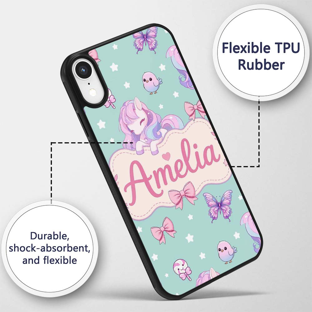 Cute Unicorn Pastel Stars Birds Bows Candy Mint Custom Name Protective Phone Case Mobile Cover Durable Everyday Smartphone Shock Resistant