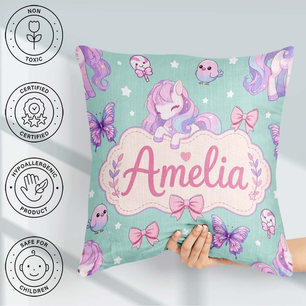 Custom Name Unicorn Stars Birds Bows Candy Mint Seamless Pattern Square Filled Cushion Throw Pillow Sofa Bed Home Decor Zip Washable UK Made
