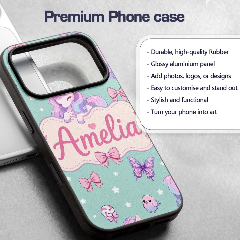 Cute Unicorn Pastel Stars Birds Bows Candy Mint Custom Name Protective Phone Case Mobile Cover Durable Everyday Smartphone Shock Resistant
