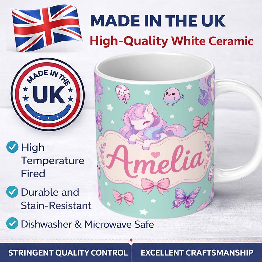Personalized Custom Name Cute Unicorn Pastel Stars Birds Bows Candy Mint Seamless Pattern 11oz Ceramic Coffee Tea Mug White Large Handle