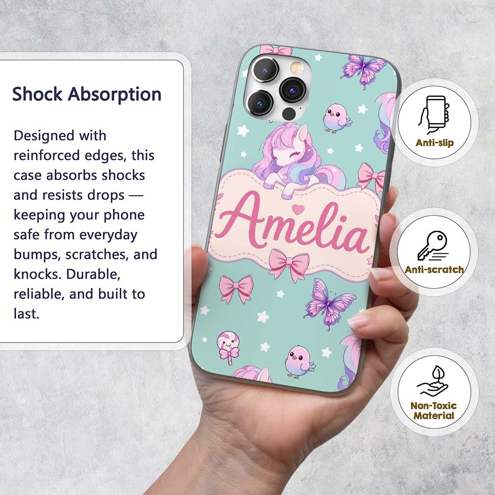 Cute Unicorn Pastel Stars Birds Bows Candy Mint Custom Name Protective Phone Case Mobile Cover Durable Everyday Smartphone Shock Resistant