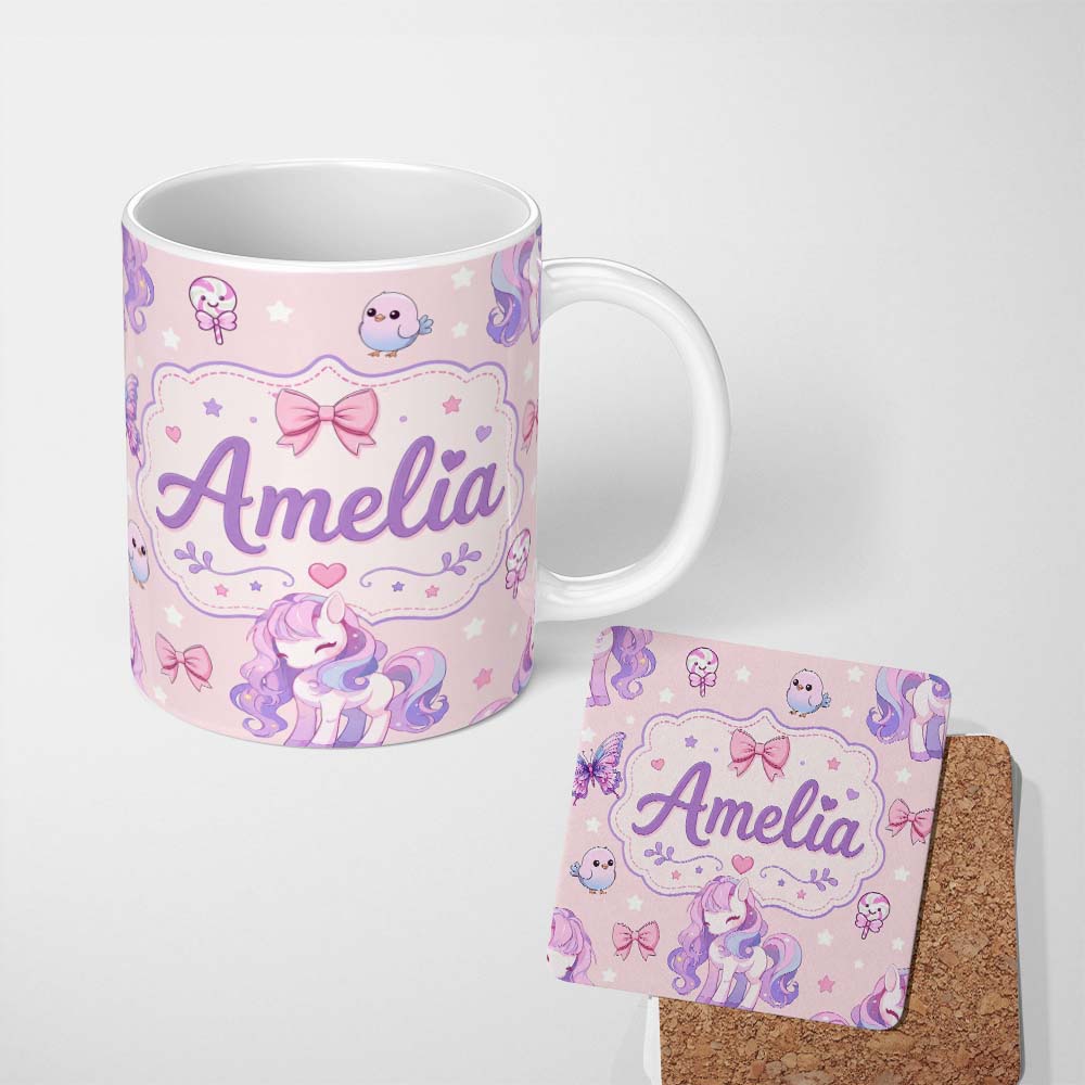 Personalized Custom Name Cute Unicorn Pastel Stars Birds Bows Candy Pink Seamless Pattern 11oz Ceramic Coffee Tea Mug White Large Handle