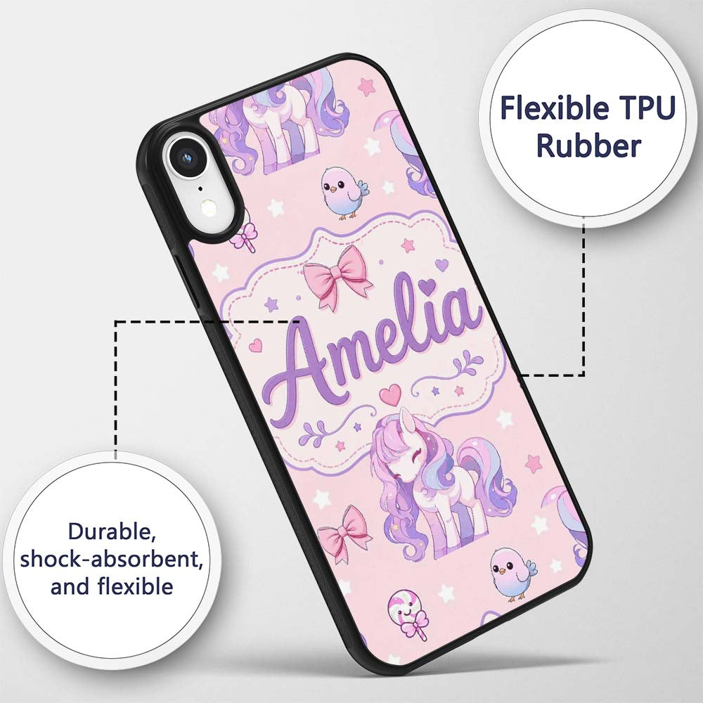 Cute Unicorn Pastel Stars Birds Bows Candy Pink Custom Name Protective Phone Case Mobile Cover Durable Everyday Smartphone Shock Resistant