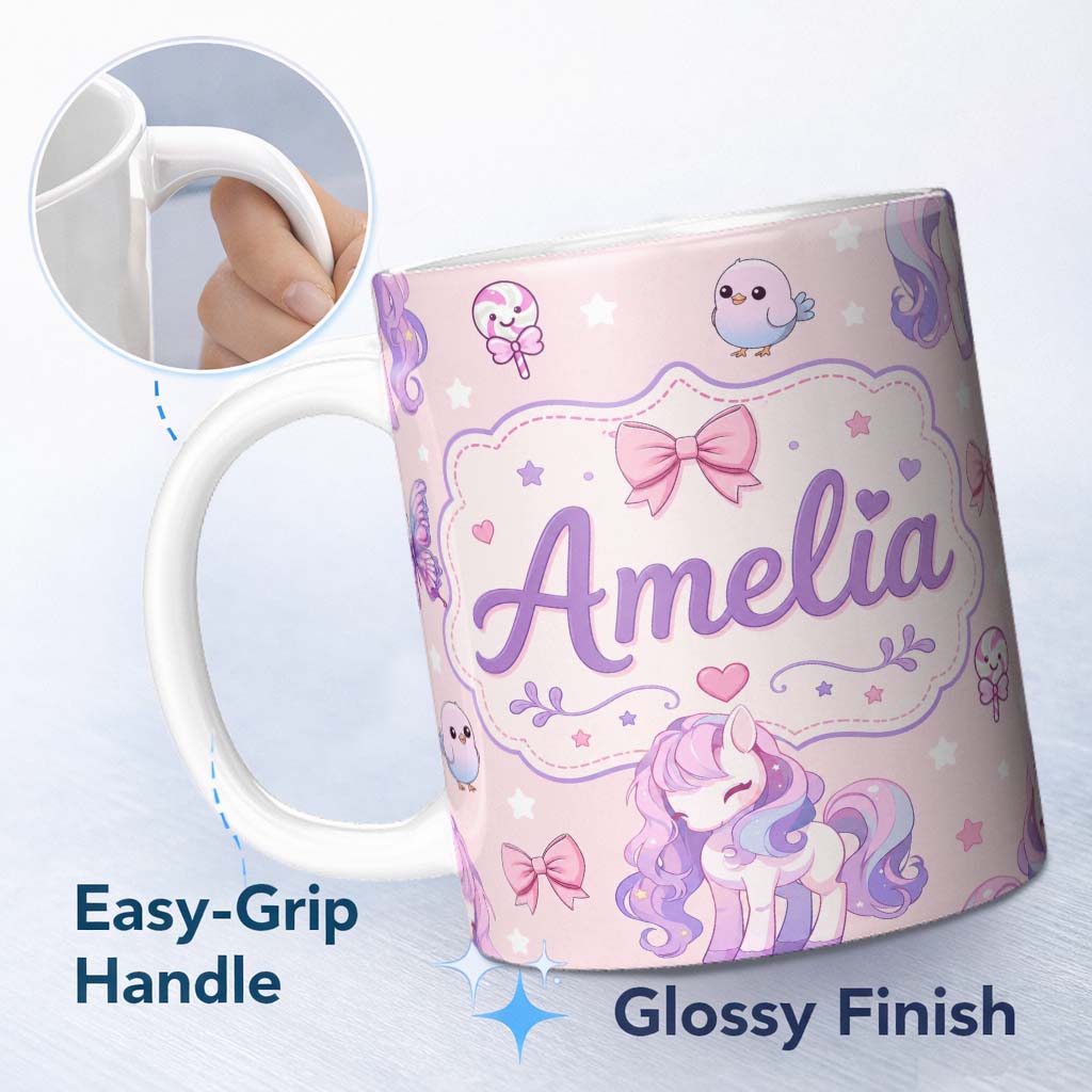 Personalized Custom Name Cute Unicorn Pastel Stars Birds Bows Candy Pink Seamless Pattern 11oz Ceramic Coffee Tea Mug White Large Handle