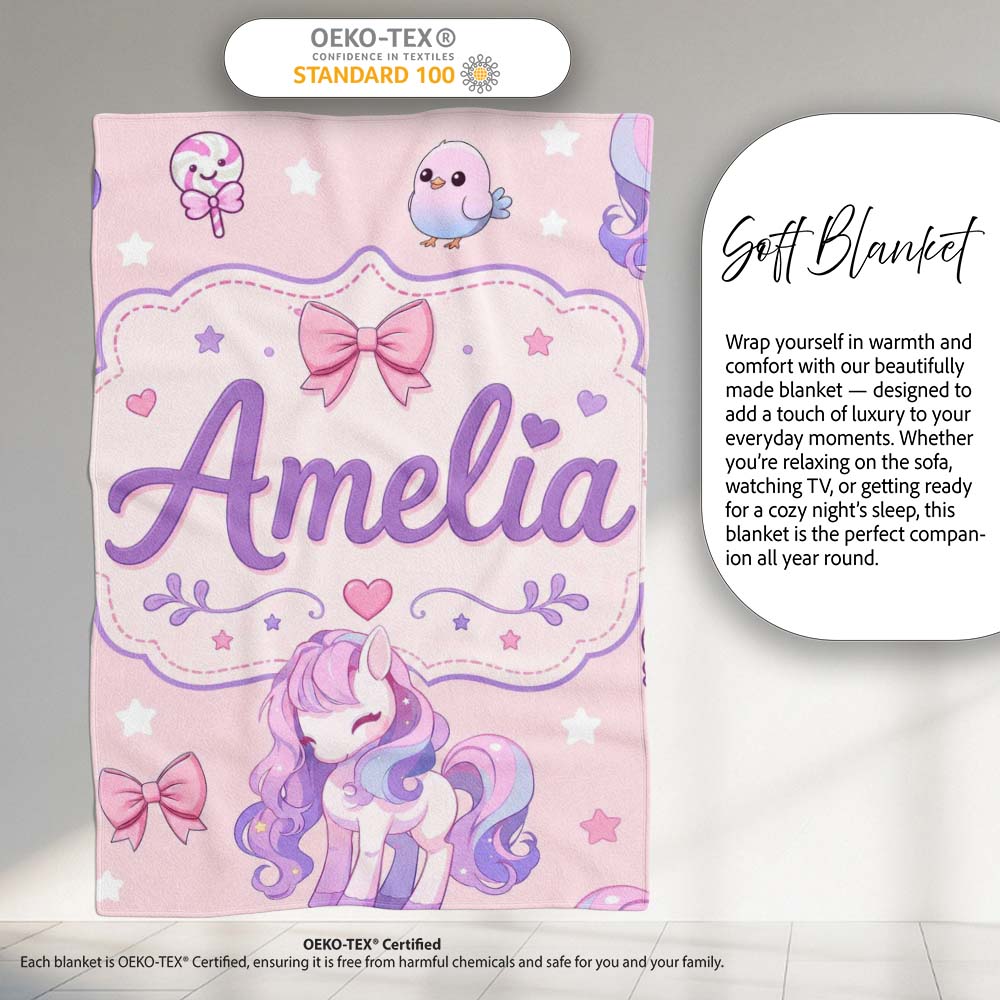 Cute Unicorn Pastel Stars Birds Bows Candy Pink Seamless Pattern Personalised Custom Name Super Soft Fleece Blanket Bed Sofa Throw