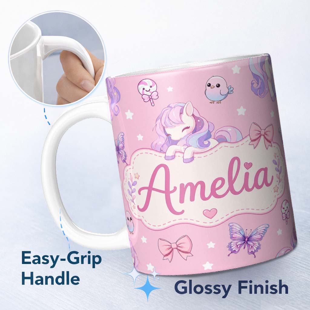 Personalized Custom Name Cute Unicorn Pastel Stars Birds Bows Candy Pink Seamless Pattern 11oz Ceramic Coffee Tea Mug White Large Handle