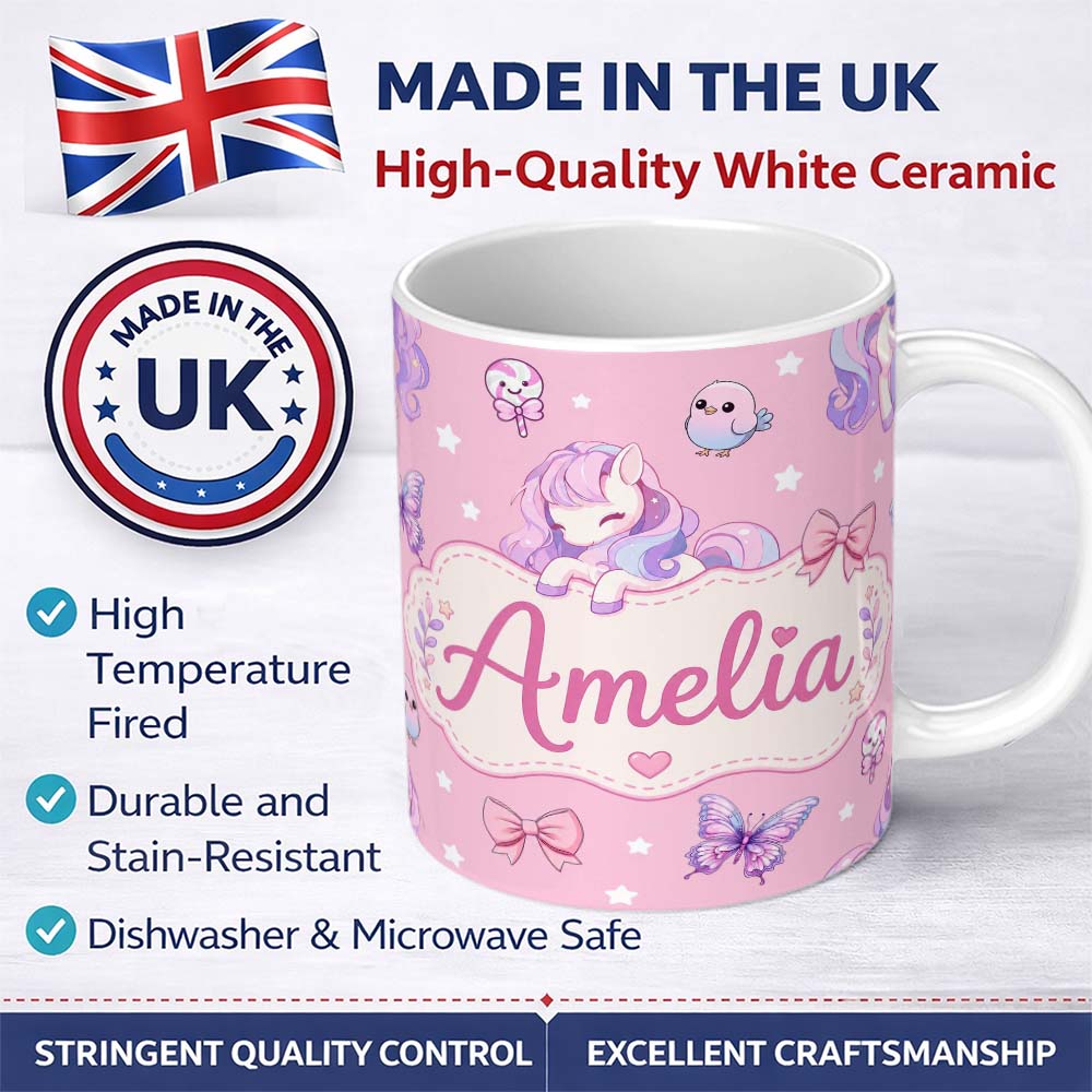 Personalized Custom Name Cute Unicorn Pastel Stars Birds Bows Candy Pink Seamless Pattern 11oz Ceramic Coffee Tea Mug White Large Handle
