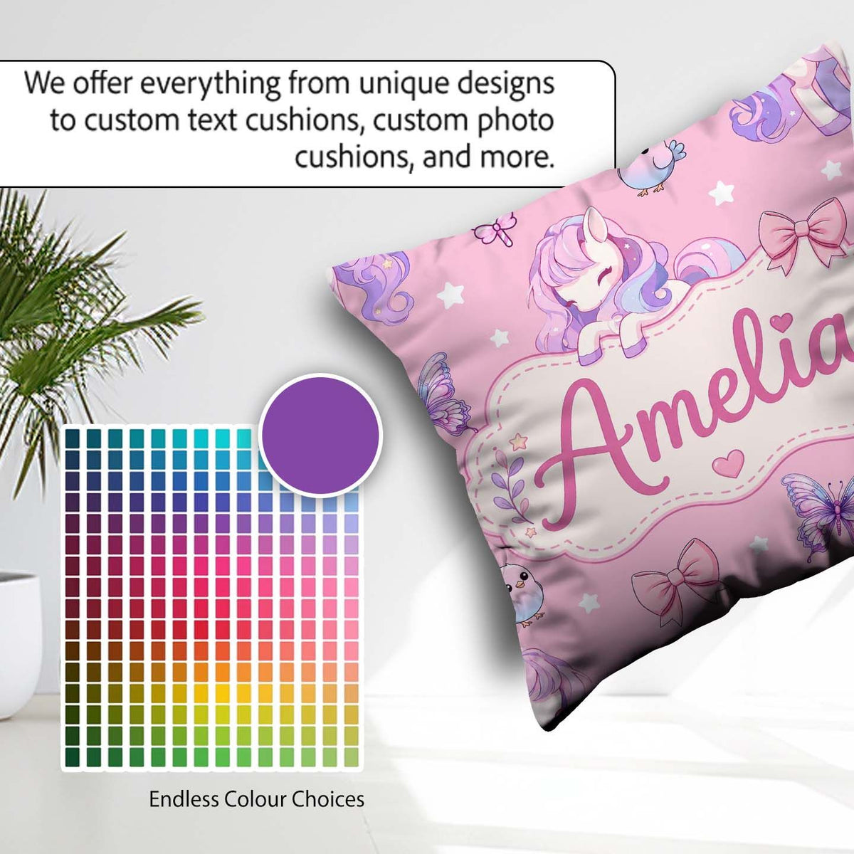 Custom Name Unicorn Stars Birds Bows Candy Pink Seamless Pattern Square Filled Cushion Throw Pillow Sofa Bed Home Decor Zip Washable UK Made