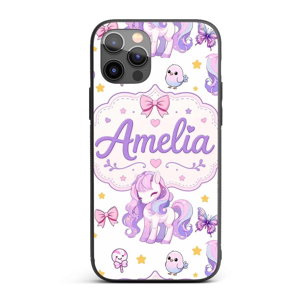 Cute Unicorn Pastel Stars Birds Bows Candy Grey Custom Name Protective Phone Case Mobile Cover Durable Everyday Smartphone Shock Resistant