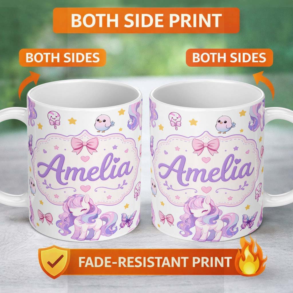 Personalized Custom Name Cute Unicorn Pastel Stars Birds Bows Candy Grey Seamless Pattern 11oz Ceramic Coffee Tea Mug White Large Handle