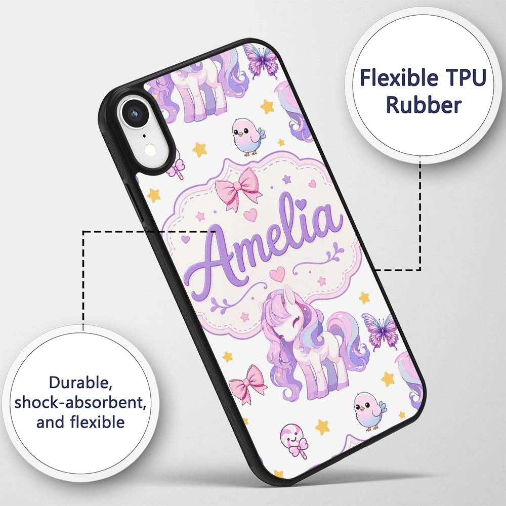 Cute Unicorn Pastel Stars Birds Bows Candy Grey Custom Name Protective Phone Case Mobile Cover Durable Everyday Smartphone Shock Resistant