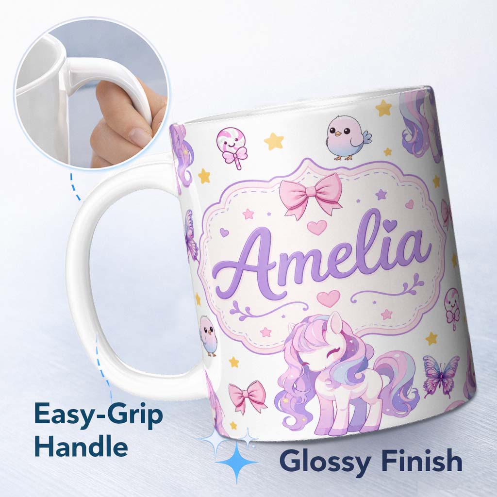 Personalized Custom Name Cute Unicorn Pastel Stars Birds Bows Candy Grey Seamless Pattern 11oz Ceramic Coffee Tea Mug White Large Handle