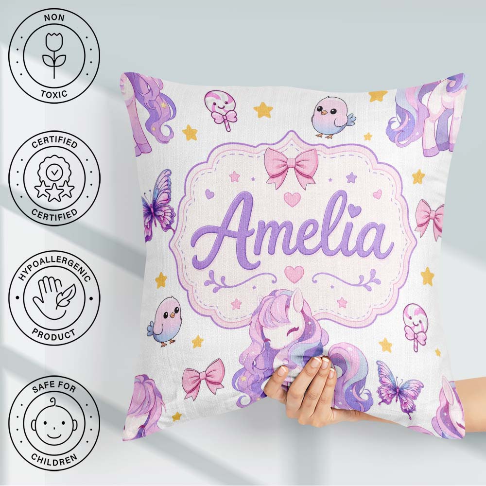 Custom Name Unicorn Stars Birds Bows Candy Grey Seamless Pattern Square Filled Cushion Throw Pillow Sofa Bed Home Decor Zip Washable UK Made