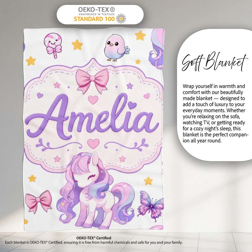 Cute Unicorn Pastel Stars Birds Bows Candy Grey Seamless Pattern Personalised Custom Name Super Soft Fleece Blanket Bed Sofa Throw
