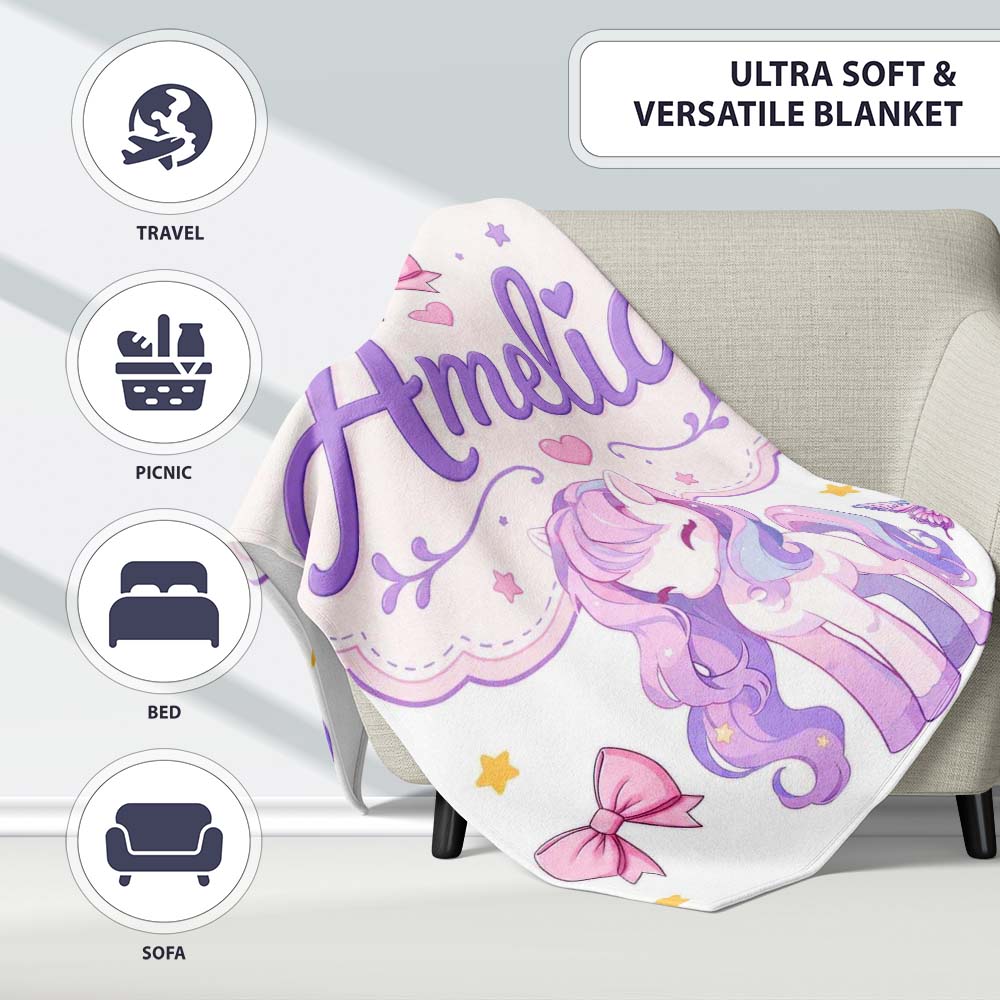 Cute Unicorn Pastel Stars Birds Bows Candy Grey Seamless Pattern Personalised Custom Name Super Soft Fleece Blanket Bed Sofa Throw