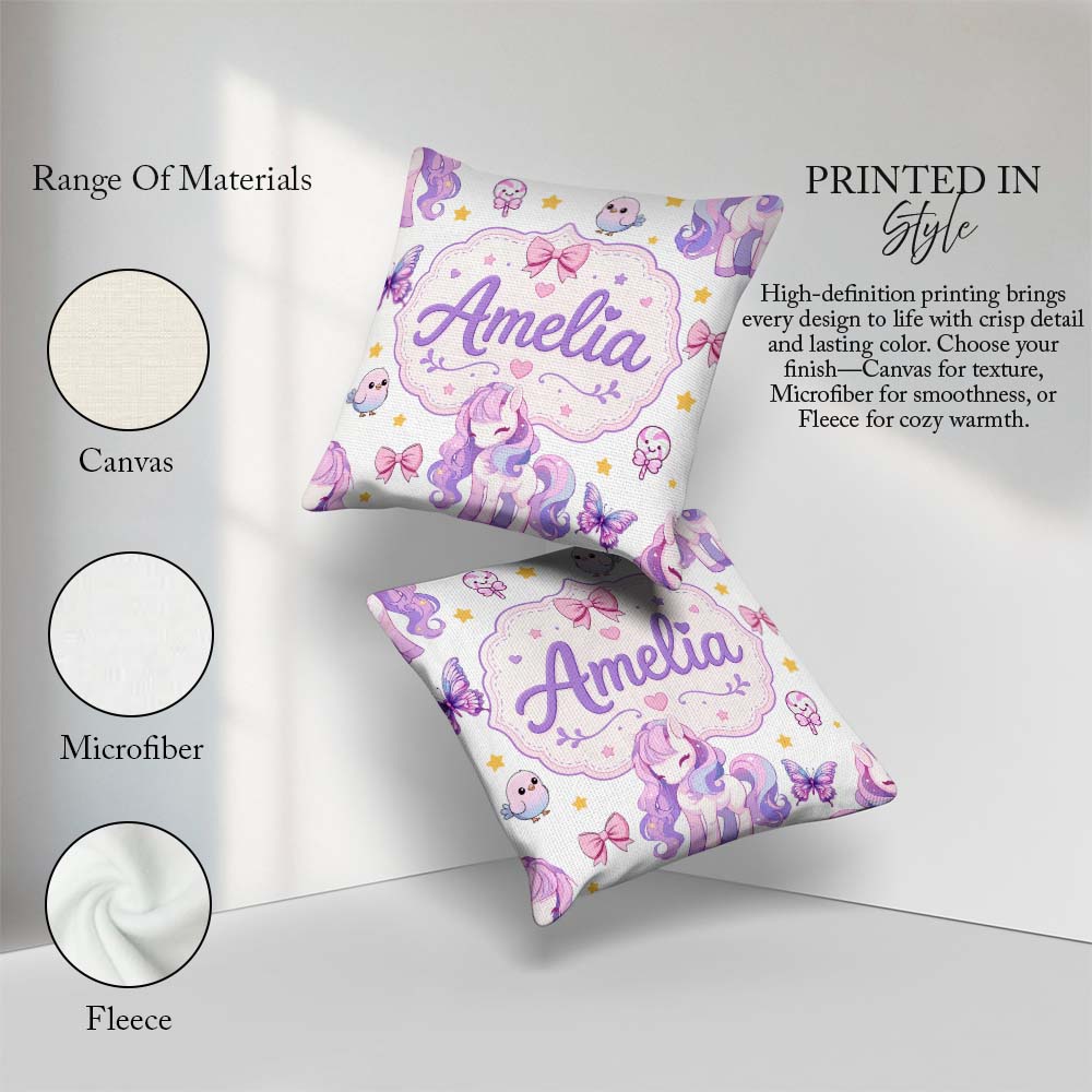 Custom Name Unicorn Stars Birds Bows Candy Grey Seamless Pattern Square Filled Cushion Throw Pillow Sofa Bed Home Decor Zip Washable UK Made