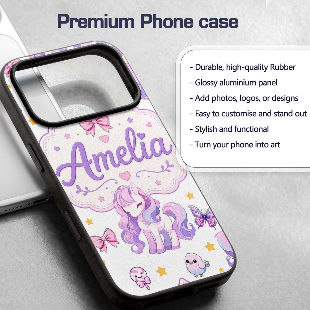 Cute Unicorn Pastel Stars Birds Bows Candy Grey Custom Name Protective Phone Case Mobile Cover Durable Everyday Smartphone Shock Resistant