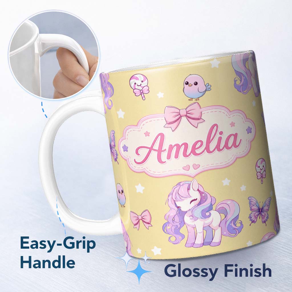 Personalized Custom Name Cute Unicorn Pastel Stars Birds Bows Candy Yellow Seamless Pattern 11oz Ceramic Coffee Tea Mug White Large Handle